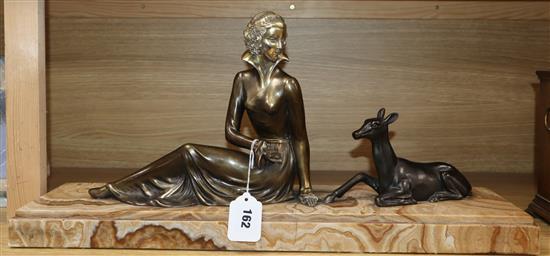An Art Deco spelter and marble figure of a lady and deer length 60cm